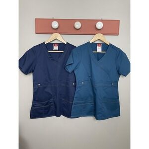 Dickies Scrub Tops Womens XS Lot‎ of 2 Navy Teal V-Neck Mock Wrap Stretch 817355